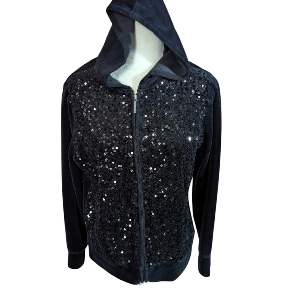 Y2K Onque Casuals Black Velour Zip Up Hooded Jacket Sparkles Sequins Front Sz L